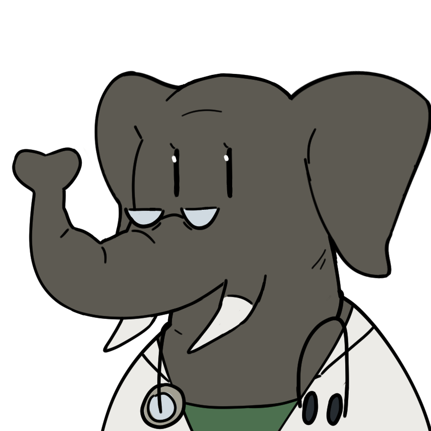 Dr. MnemosyneC, the gray elephant mascot in a white coat with stethoscope and half-moon spectacles